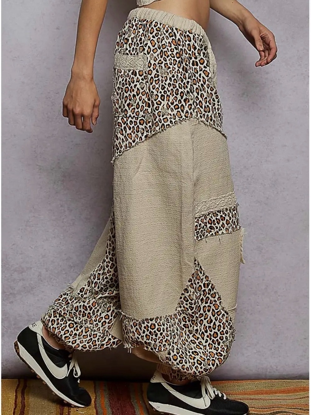 POL NWT Jacquard Leopard Print Patchwork Distressed Jogger Brown Cream Black - Picture 4 of 16
